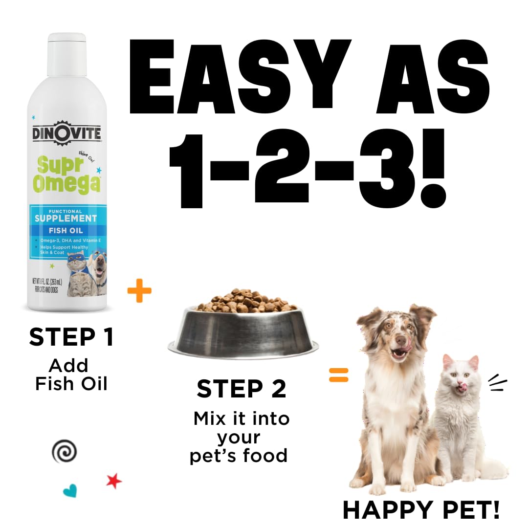 Dinovite SuprOmega Fish Oil for Dogs & Cats - Vitamin E & Omega 3 Meal Topper - Skin & Coat Health for Dogs & Cats - 8 oz