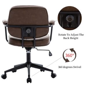 LukeAlon Adjustable Pu Leather Home Office Chair, Comfy 360° Swivel Task Chair with Armrest Modern Thickened Seat Desk Chair Tiltable Computer Chair with Buttons & Wheels, Brown