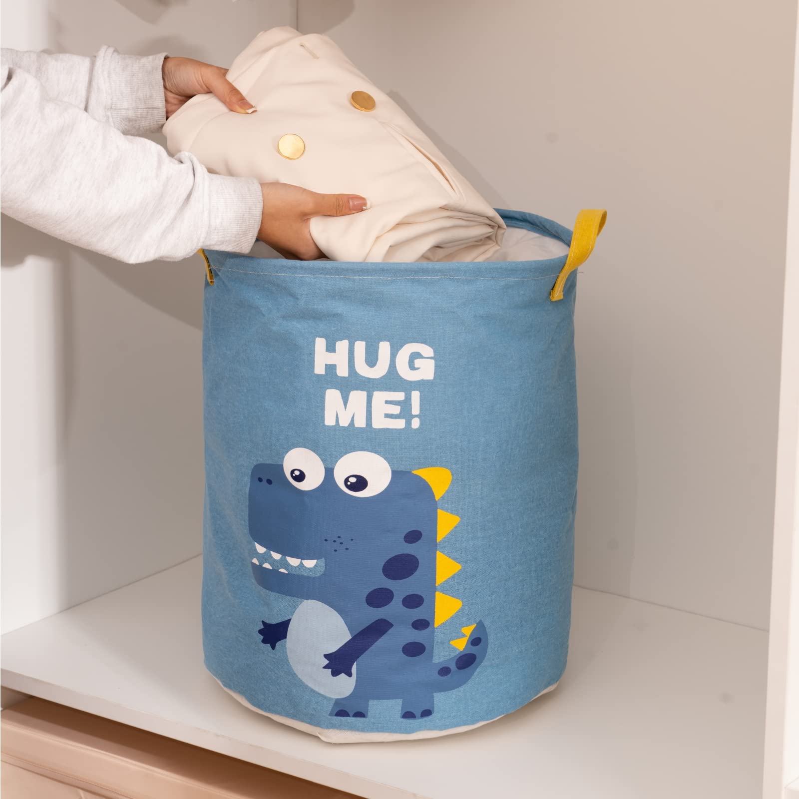 LUFOFOX Dinosaur Kids Laundry Hamper with Handles Large Collapsible Laundry Basket with Drawstring Waterproof Toy Storage Bins for Bedroom (Blue)