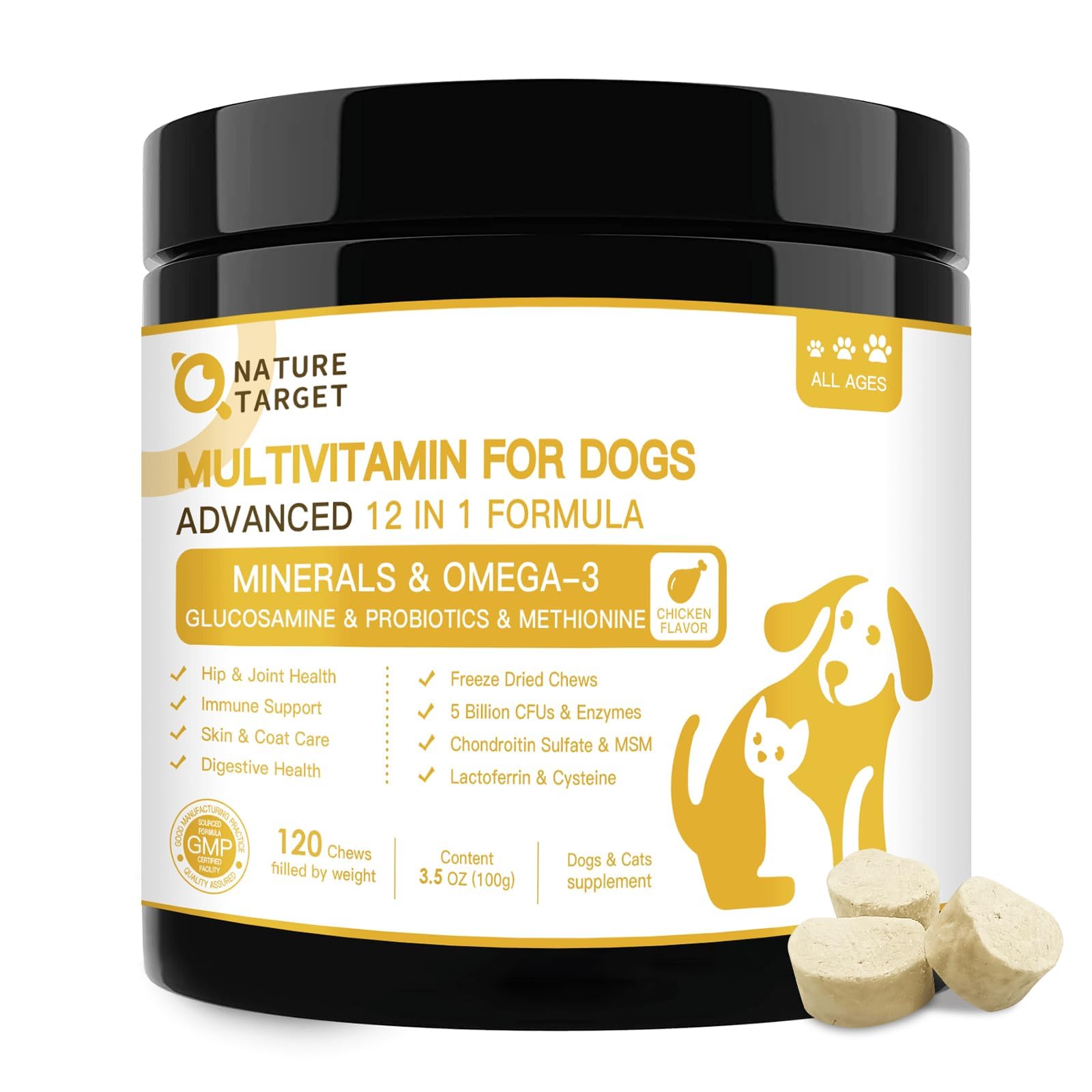 Dog Vitamins for Overall Health with Minerals, Multivitamins for Dogs for Immune Support, Digestive Health, Joint, Hip, Skin and Coat Care with Probiotics, Glucosamine, Enzymes, 120 Freeze Dried Chews