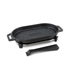 Ooni Cast Iron Grizzler Pan - Grill Frying Pan, 12" x 6" Griddle Plate with Removable Handle and Stainless Steel Trivet, Pre-Seasoned Non-Stick Oven Safe Cookware, Pizza Oven and BBQ Accessories