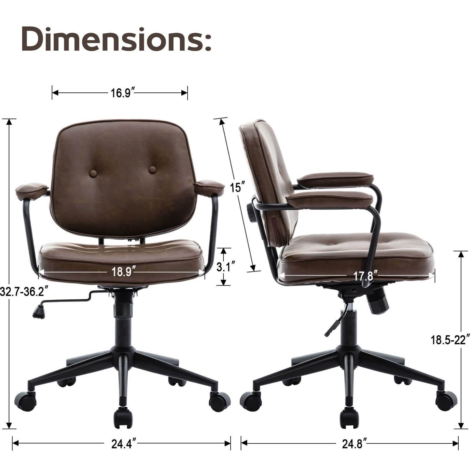 LukeAlon Adjustable Pu Leather Home Office Chair, Comfy 360° Swivel Task Chair with Armrest Modern Thickened Seat Desk Chair Tiltable Computer Chair with Buttons & Wheels, Brown