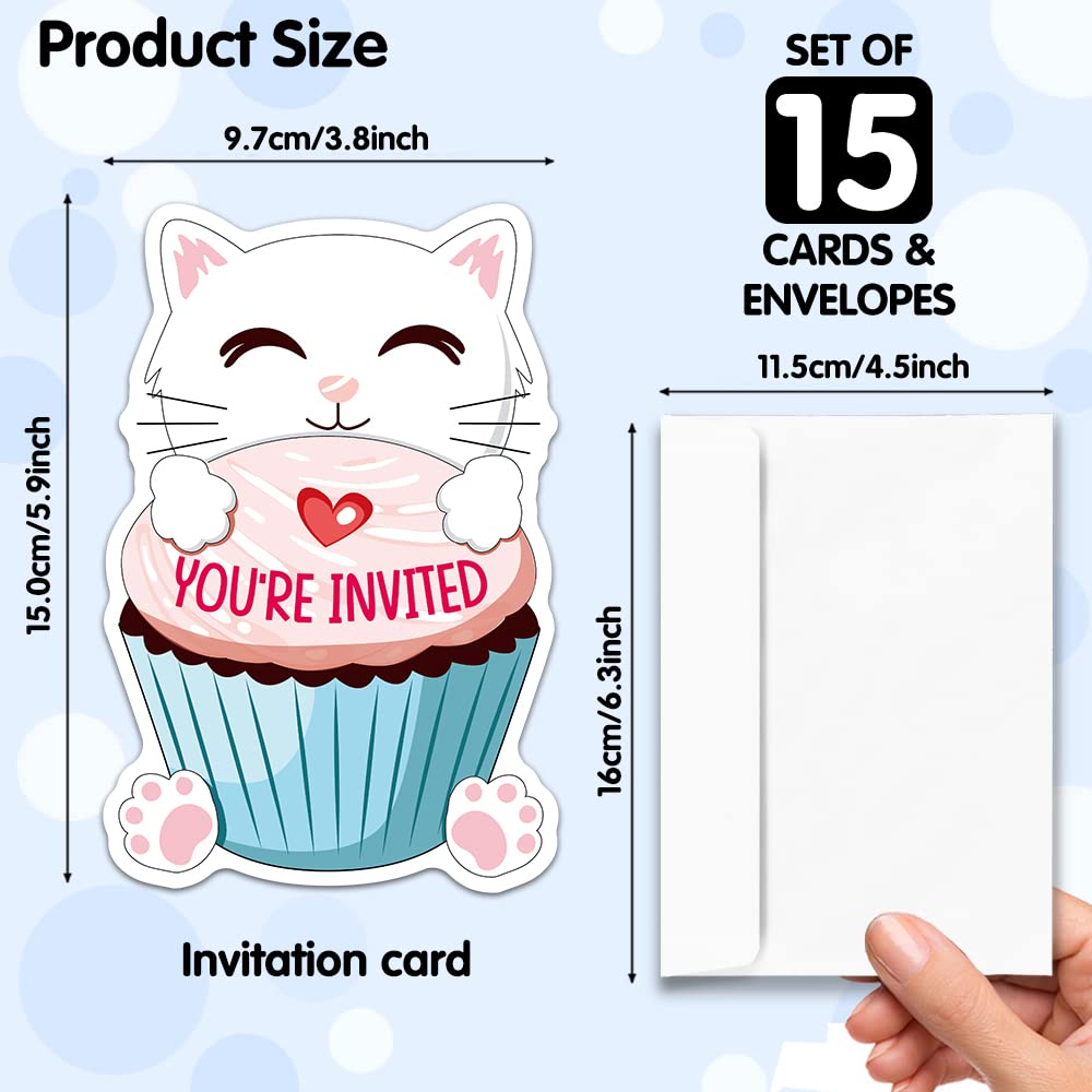 RZHV 15 Pack White Cat and Meow Cupcake Shaped Fill-In Invitations Cards With Envelopes for Boys & Girls Adults, Funny Baby Shower Birthday Party Bridal Shower Wedding Party Invite, Party Supplies