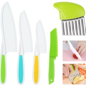 Kids Knife Set 5 Pcs Toddler Safe Knives Plastic Child Friendly Knife with Crinkle Cutter BPA-Free Serrated Edges Kitchen Tools for Real Cooking and Cutting Lettuce Board Sandwich