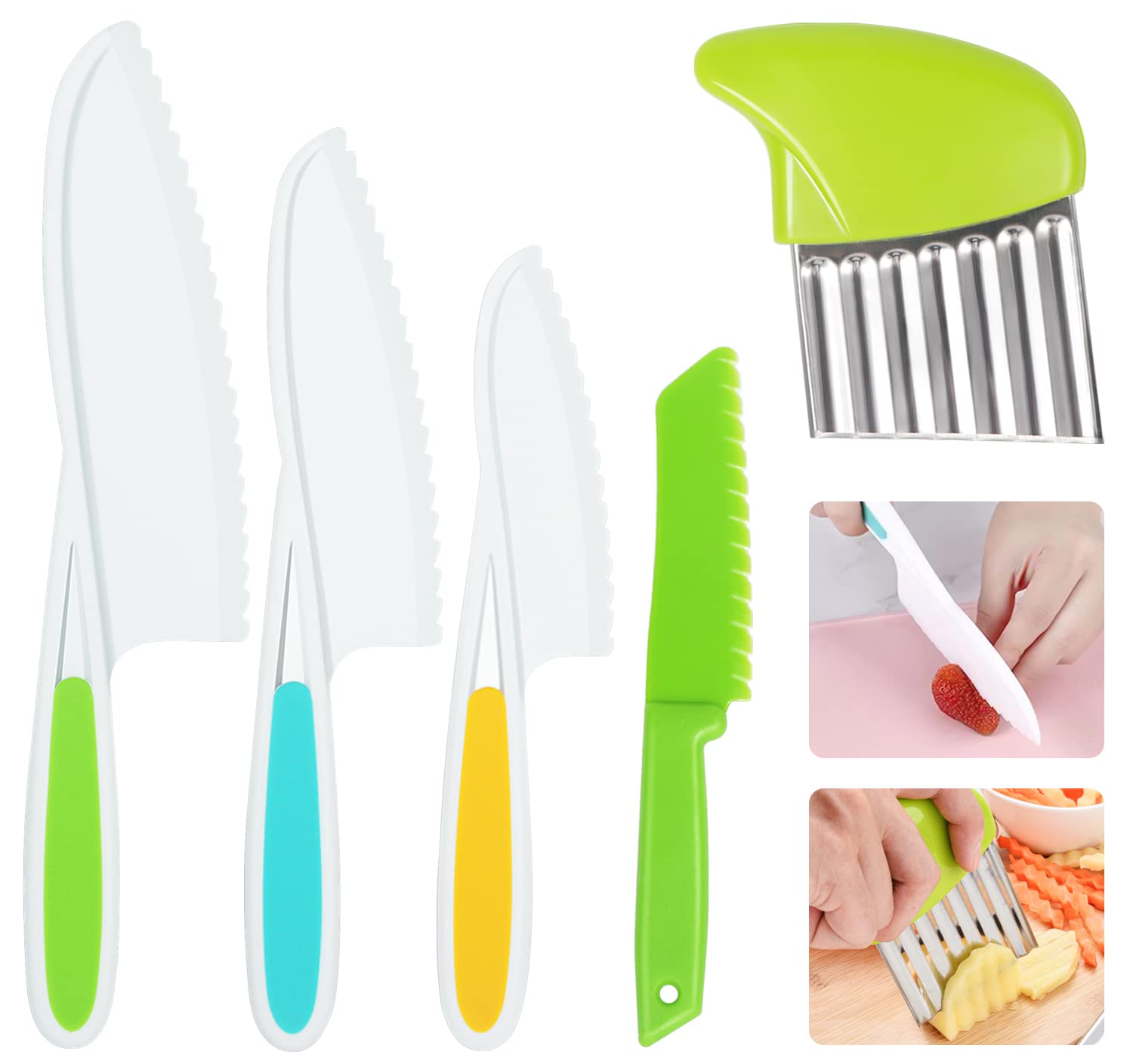 Kids Knife Set 5 Pcs Toddler Safe Knives Plastic Child Friendly Knife with Crinkle Cutter BPA-Free Serrated Edges Kitchen Tools for Real Cooking and Cutting Lettuce Board Sandwich