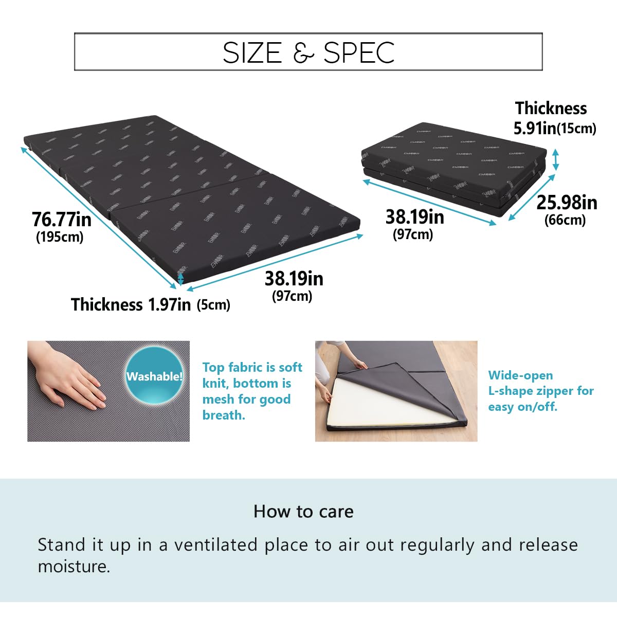 EMOOR 2in Tri-Fold Underlay Mattress Sleeping Mat Start High Resilience Foam 30D/180N Twin (77x38in) Gray, Removable Washable Cover