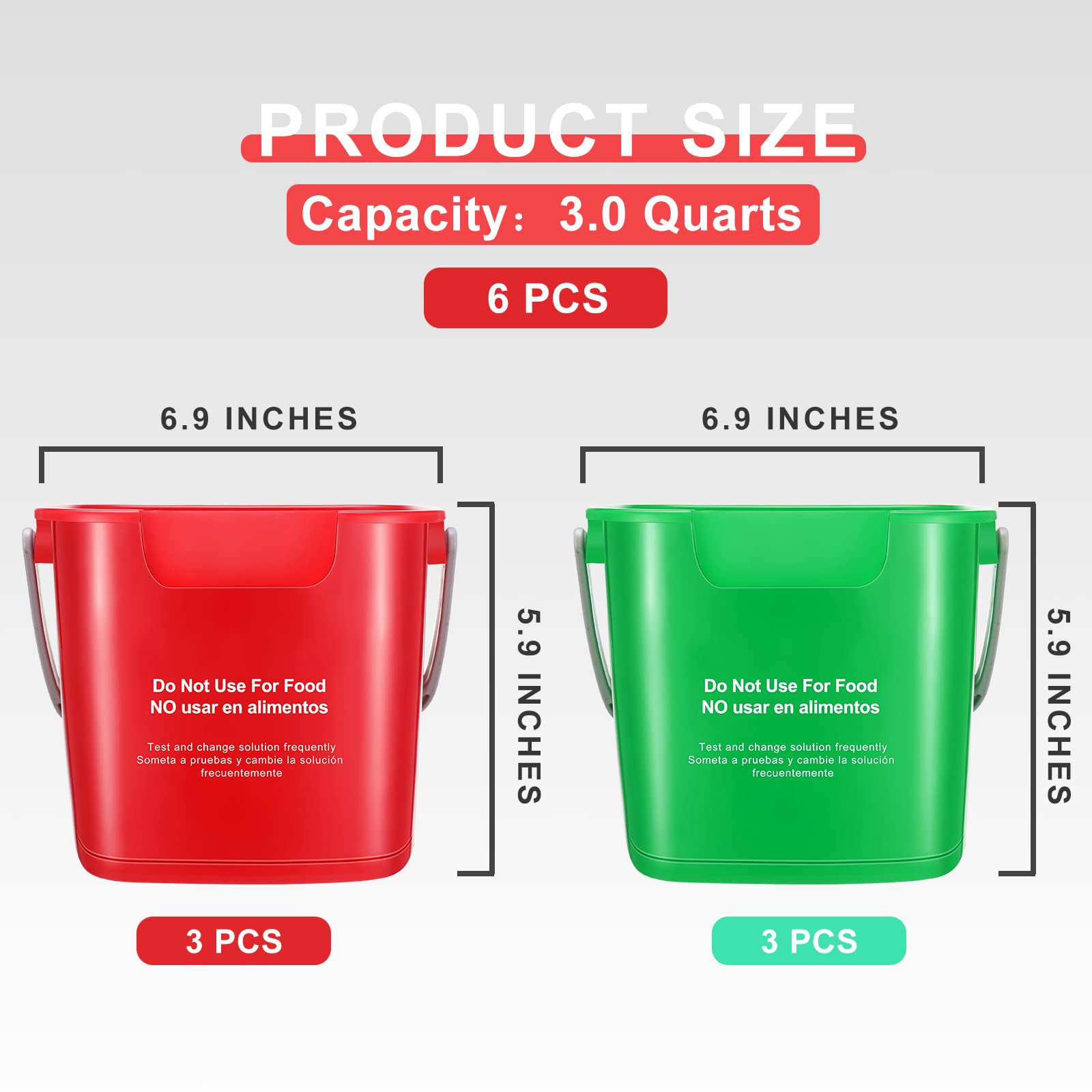 Roshtia 6 Pcs 3 Quart Cleaning Bucket Small Sanitizing Square Bucket Detergent Pail for Home Commercial Restaurant Kitchen Office School (Green, Red)