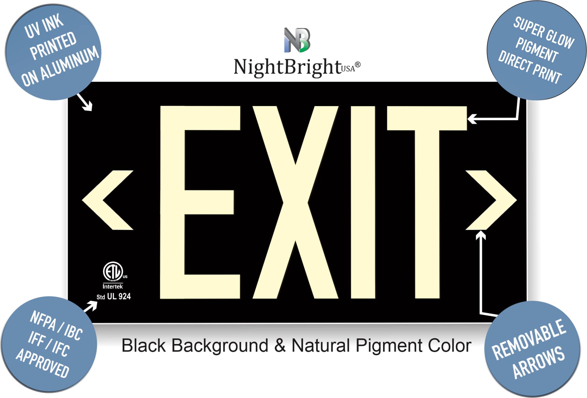 Photoluminescent Exit Sign Black - Aluminum - UL 924 Code Approved/IBC/NFPA 101 | NightBright USA Part Number ULB-050