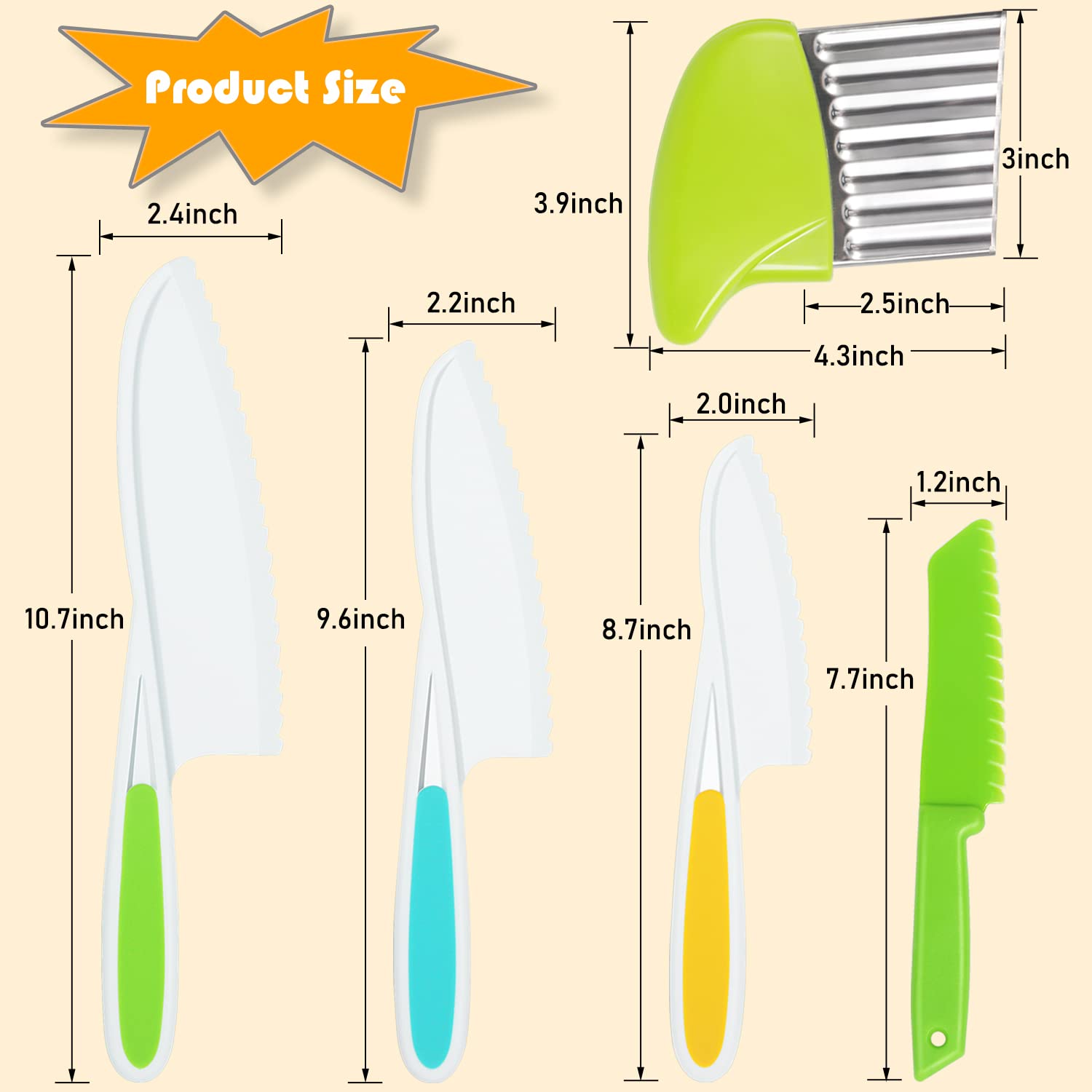 Kids Knife Set 5 Pcs Toddler Safe Knives Plastic Child Friendly Knife with Crinkle Cutter BPA-Free Serrated Edges Kitchen Tools for Real Cooking and Cutting Lettuce Board Sandwich