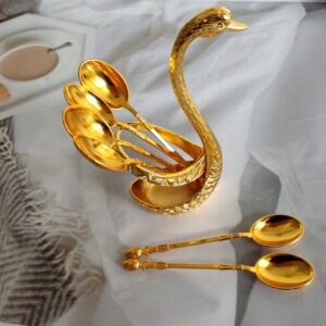 Gold Coffee Spoon with Metal Swan Base Holder with 6 Spoons Organizer, Stainless Steel Serving Bar Dessert Spoon for Cake CountertopTableware Household