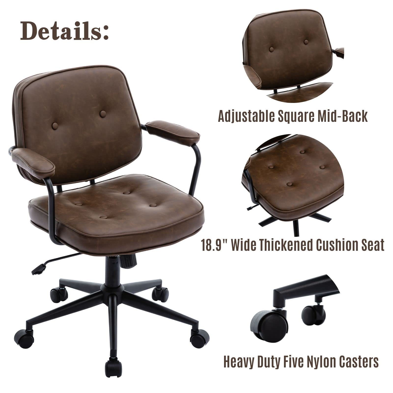 LukeAlon Adjustable Pu Leather Home Office Chair, Comfy 360° Swivel Task Chair with Armrest Modern Thickened Seat Desk Chair Tiltable Computer Chair with Buttons & Wheels, Brown