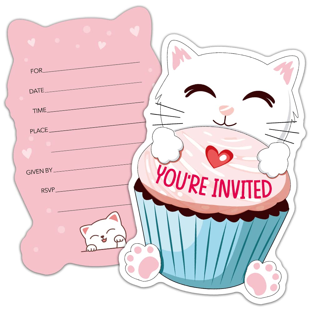 RZHV 15 Pack White Cat and Meow Cupcake Shaped Fill-In Invitations Cards With Envelopes for Boys & Girls Adults, Funny Baby Shower Birthday Party Bridal Shower Wedding Party Invite, Party Supplies