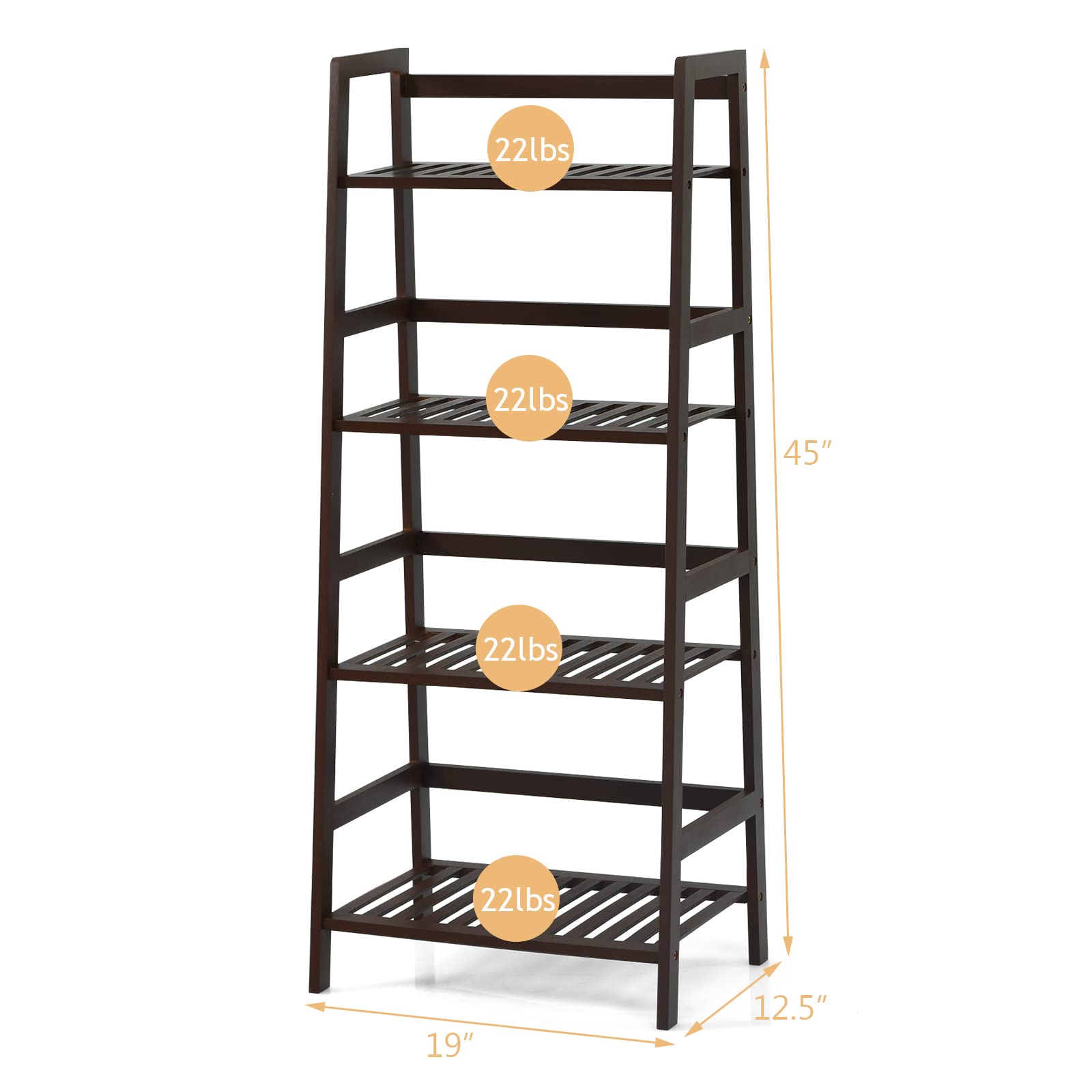 COSTWAY 4-Tier Ladder Shelf, Bamboo Plant Stand Rack, Freestanding Bookshelf, Multifunctional Storage Shelves, Flower Stand Rack Holder for Garden, Balcony, Living Room, Bedroom (Coffee)