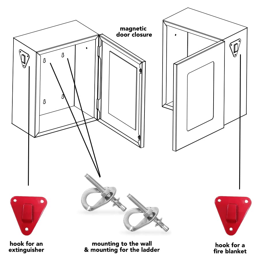 Cabinet for Fire Escape Ladder 2-Story Small | Box for Fire Rescue Stuff | Comes with Hooks for Fire Blanket and Fire Extinguishers - 14 * 11 * 5 inches | External Storage for Emergency Ladder