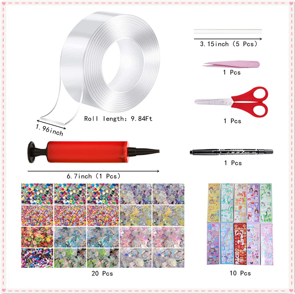 40 Pcs Nano Bubble Tape Kit with Balloon Inflator, Double Sided Tape Plastic Bubbles Balloon, Elastic Nano Bubble Tape DIY Craft Kit for Girls, Boys, Kids Party Favors and Novelty Toys