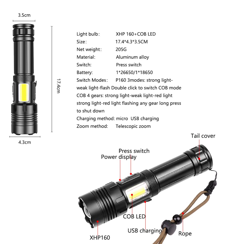 Xkravo LED Handheld Flashlights, 1800 Lumens 7 Light Modes with COB Work Light, Super Bright Rechargeable Zoomable Waterproof Tactical Flashlight with Battery for Emergency, Outdoor, Home, Camping