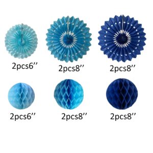 12pcs 6’’ 8’’ Honeycomb Balls Tissue Paper Fans Party Honeycomb Ball Fans Wall Decorations Tissue Pom Poms Flower Balls Hanging Paper Fans for Party Baby Shower Birthday Wedding Nursery(Blue kit)