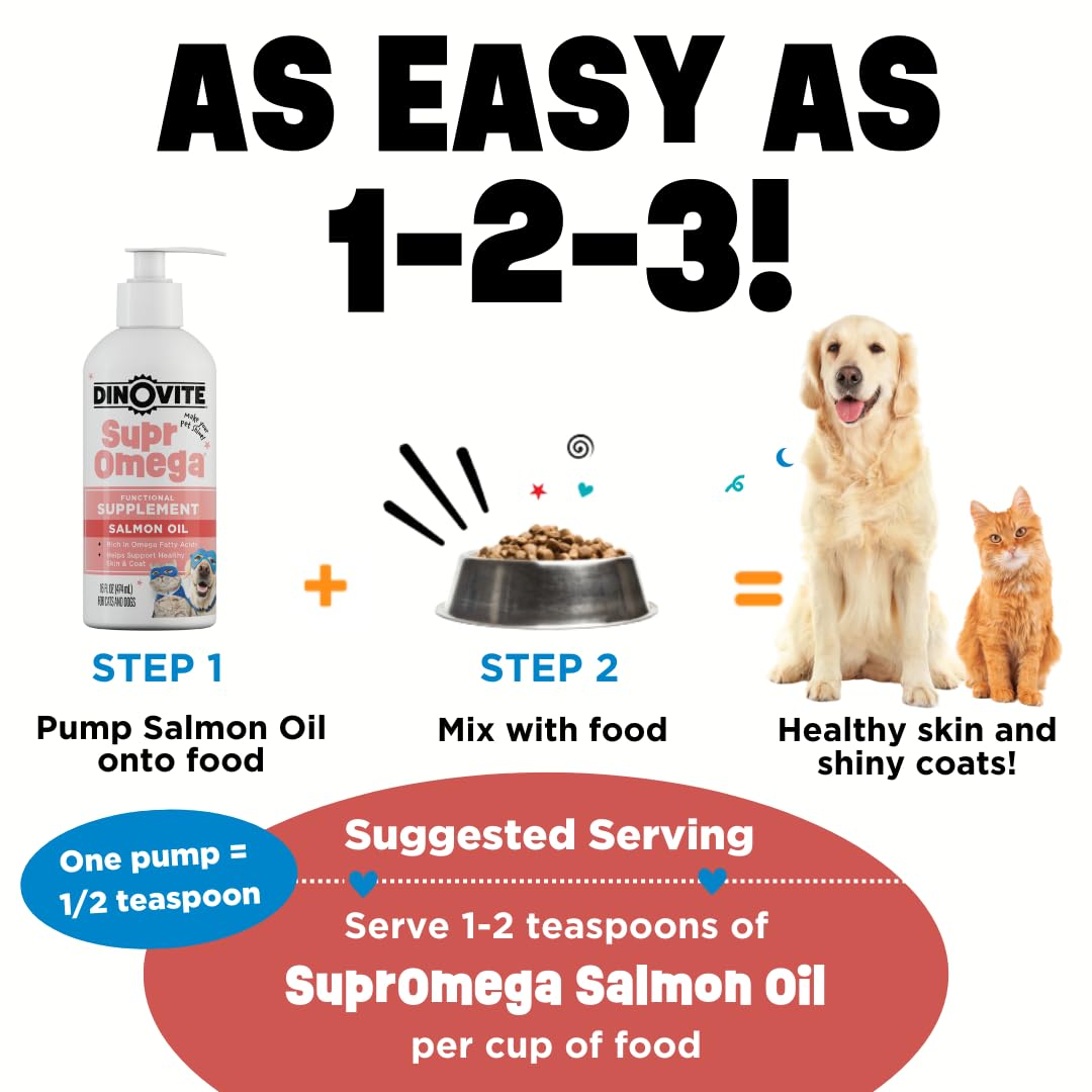 Dinovite SuprOmega Wild Caught Salmon Oil for Dogs & Cats - GMO Free Omega 3 Skin & Coat Supplement - Skin & Coat Meal Topper for Dogs & Cats - 16 oz