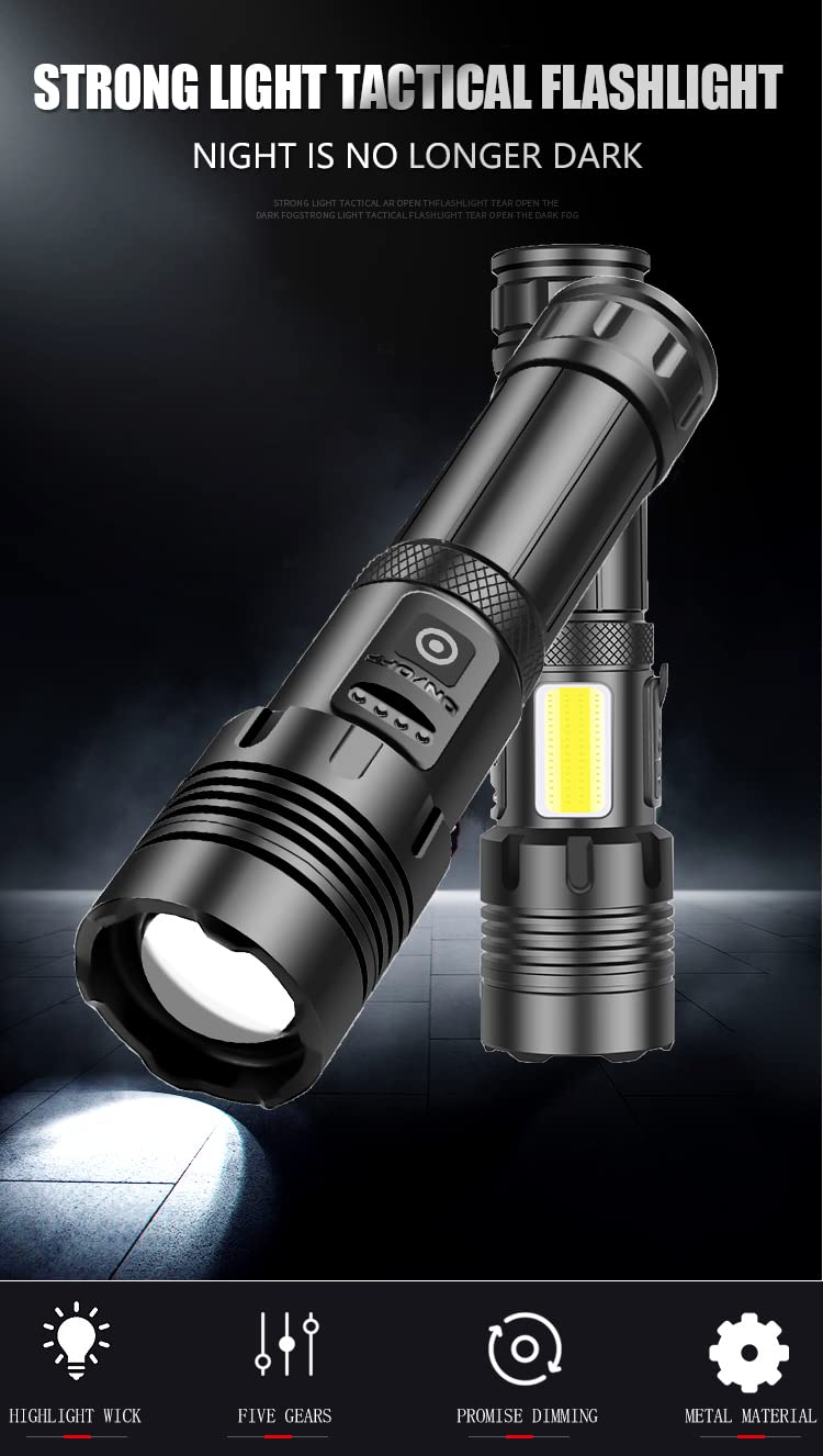 Xkravo LED Handheld Flashlights, 1800 Lumens 7 Light Modes with COB Work Light, Super Bright Rechargeable Zoomable Waterproof Tactical Flashlight with Battery for Emergency, Outdoor, Home, Camping