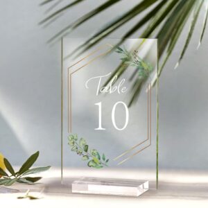 ourwarm acrylic wedding table numbers 1-10 with stands, 4x6 inches clear sign wedding place card, eucalyptus acrylic sign for wedding reception anniversary baby bridal shower birthday table setting