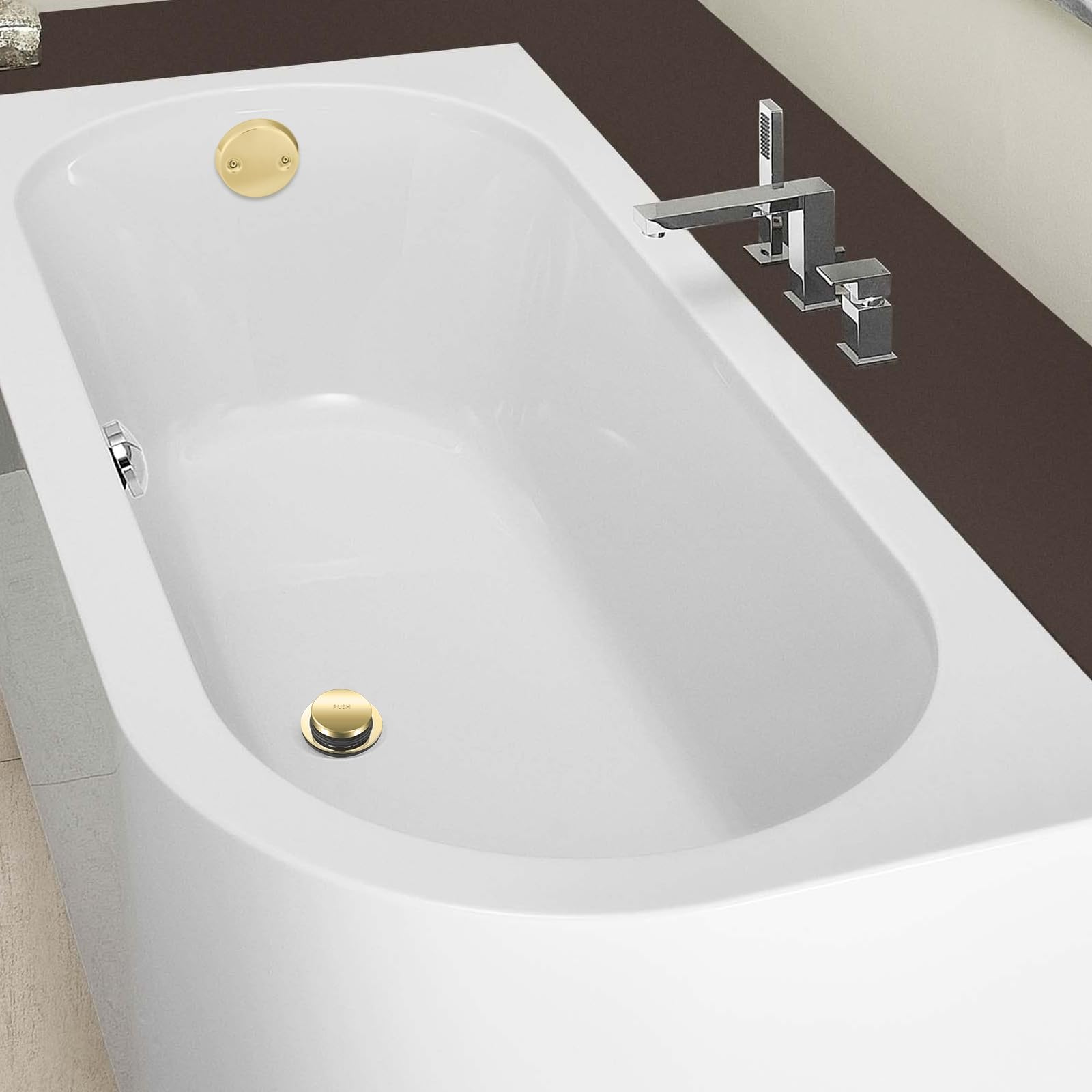 Solimeta Tip-Toe Tub Trim Set with Two-Hole Overflow Faceplate, Bath Tub Drain Trim Set with Universal Fine Thread, Polished Brass