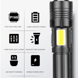 Xkravo LED Handheld Flashlights, 1800 Lumens 7 Light Modes with COB Work Light, Super Bright Rechargeable Zoomable Waterproof Tactical Flashlight with Battery for Emergency, Outdoor, Home, Camping