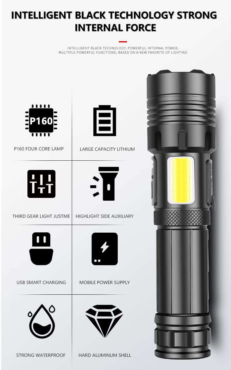 Xkravo LED Handheld Flashlights, 1800 Lumens 7 Light Modes with COB Work Light, Super Bright Rechargeable Zoomable Waterproof Tactical Flashlight with Battery for Emergency, Outdoor, Home, Camping