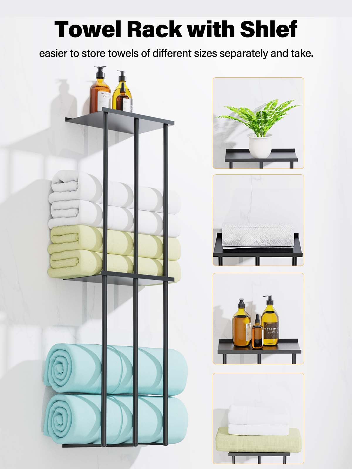 TooTaci Towel Racks for Bathroom,Towel Holder for Bathroom Wall,Upgraded 3 Tier Towel Storage for Small Bathroom,Towel Rack with Shelf for Small Space Organizer,Can Hold Up 6 Rolled Towels