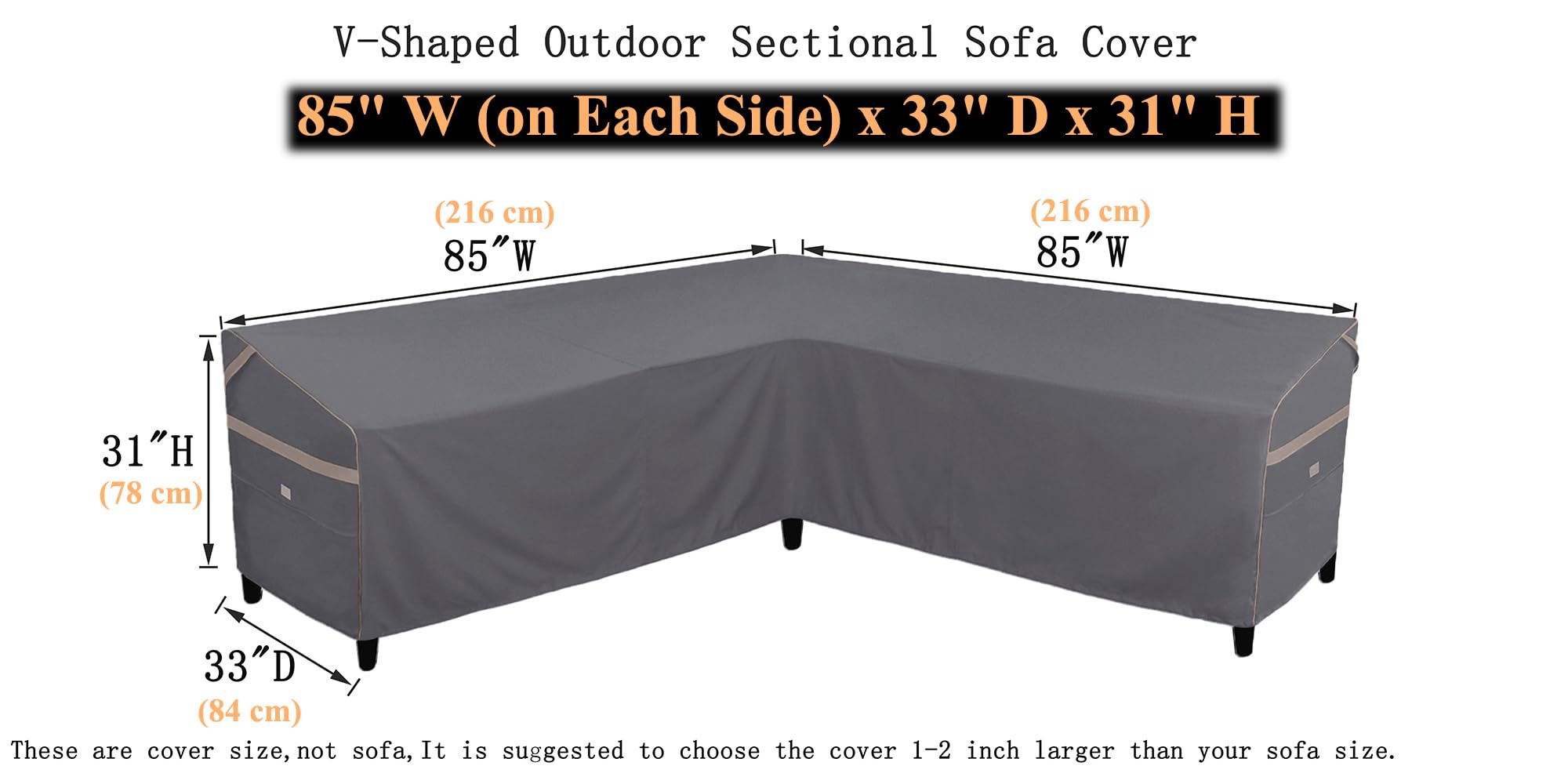 Garden Balsam Heavy Duty Waterproof Patio Furniture Covers,Fade Resistant Outdoor Sofa Covers V-Shaped Sofa Cover 85" W (on Each Side) x 33" D x 31" H Dark Grey