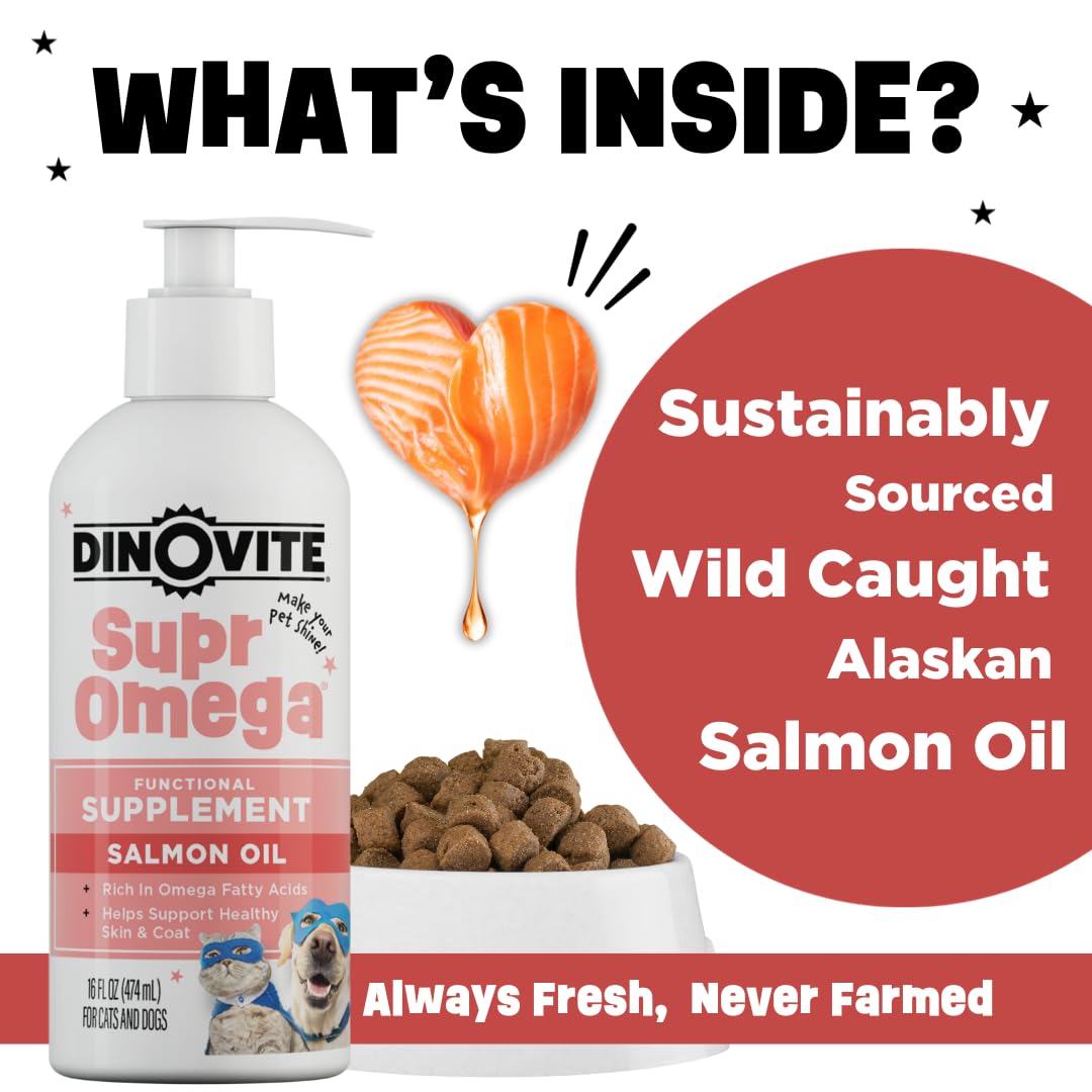 Dinovite SuprOmega Wild Caught Salmon Oil for Dogs & Cats - GMO Free Omega 3 Skin & Coat Supplement - Skin & Coat Meal Topper for Dogs & Cats - 16 oz