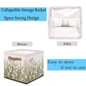 Wildflowers Storage Basket Fabric Cube Storage Baskets Foldable Decorative Square Storage Bins with Handles for Closet Bedroom Shelf Organizing Toys