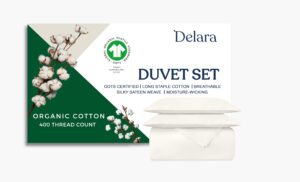 delara gots certified 100% organic cotton duvet cover set 400tc, long staple cotton, ultra soft, silky, moisture-wicking, smooth & breathable, duvet for hot sleepers with 8 internal ties