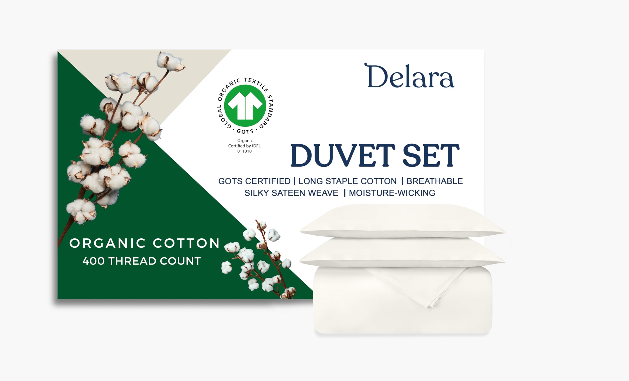 Delara GOTS Certified 100% Organic Cotton Duvet Cover Set 400TC, Long Staple Cotton, Ultra Soft, Silky, Moisture-Wicking, Smooth & Breathable, Duvet for Hot Sleepers with 8 Internal Ties