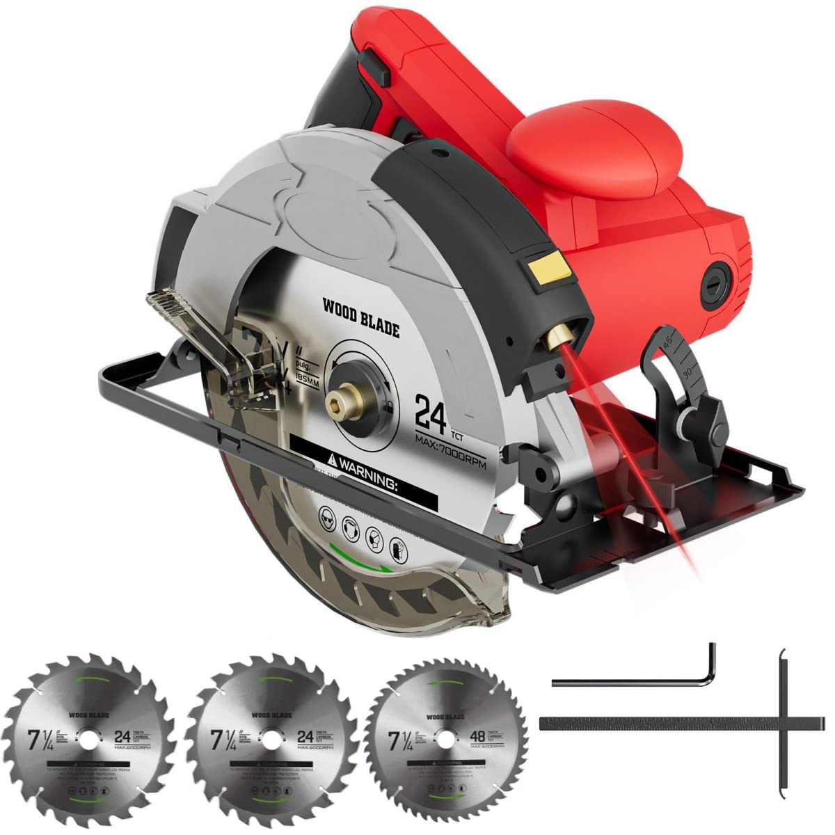 Circular Saw, 1500W Power Circular Saws with Laser Guide, 5500RPM Compact Circular Saw with 3 Saw Blades (24T+ 48T)7-1/4'', 0-45° Bevel Adjustment, Corded Electric Saw for Wood