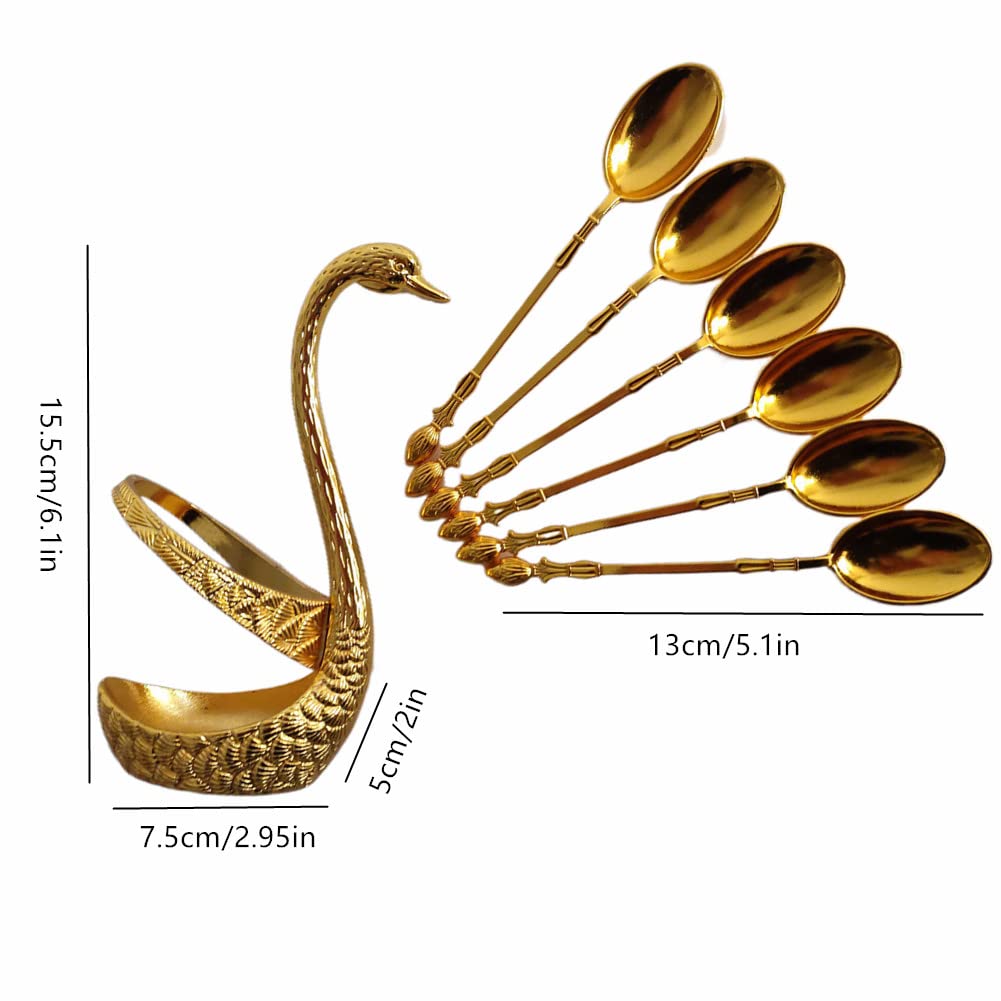 Gold Coffee Spoon with Metal Swan Base Holder with 6 Spoons Organizer, Stainless Steel Serving Bar Dessert Spoon for Cake CountertopTableware Household