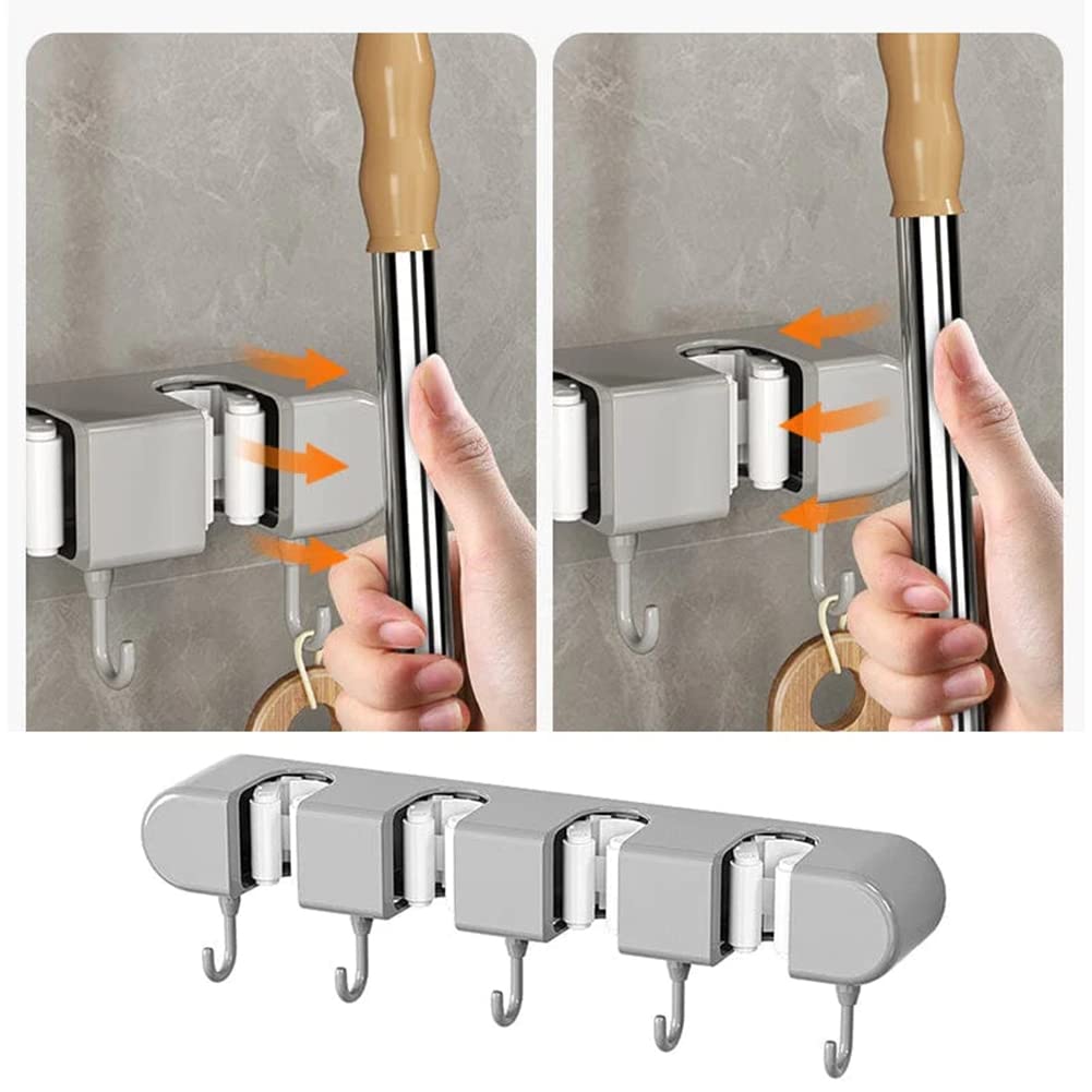 VALINK Brooms and Mop Holder Wall Mounted, Brooms Hanger for Home Garden Garage and Storage (4 Racks with 5 Hooks) White