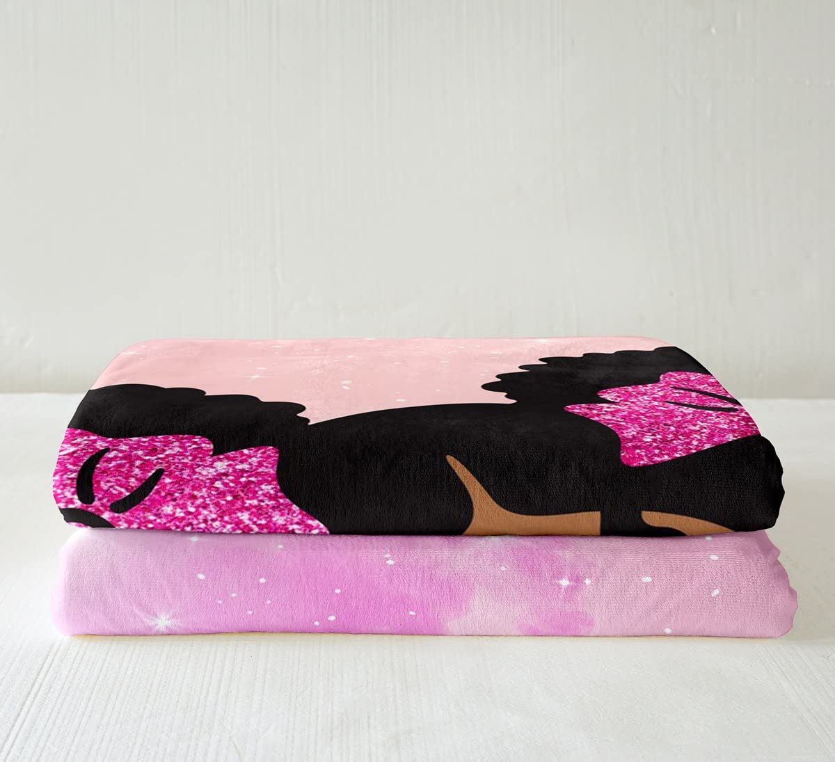 Black Girl Princess Sherpa Blanket Kids Cute Blanket for Girls Bedroom Decor, Psychedelic Stars Throw Blanket for Chair Pink Purple Ombre Fleece Blanket Throw Size, Sequins Glitter Plush Blanket