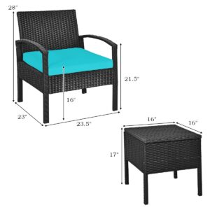 DORTALA 3 Piece Wicker Patio Furniture Set, Outdoor Conversation Bistro Sets with Rattan Chairs & Storage Table for Backyard Porch Garden Poolside, Turquoise