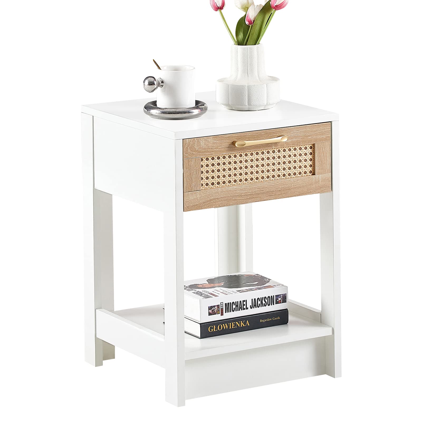 LETESA Rattan Nightstands, with Rattan Decor Drawer and Open Shelf, Bed Side Tables with Solid Wood Feet, End Table, Night Stands, for Bedroom, Living Room (1, White-Square)