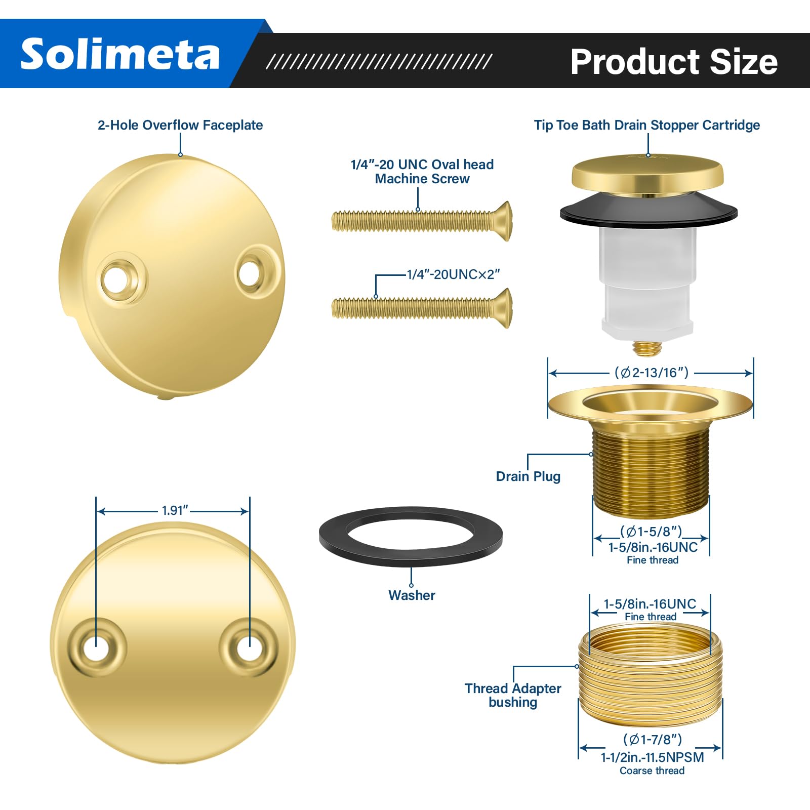 Solimeta Tip-Toe Tub Trim Set with Two-Hole Overflow Faceplate, Bath Tub Drain Trim Set with Universal Fine Thread, Polished Brass