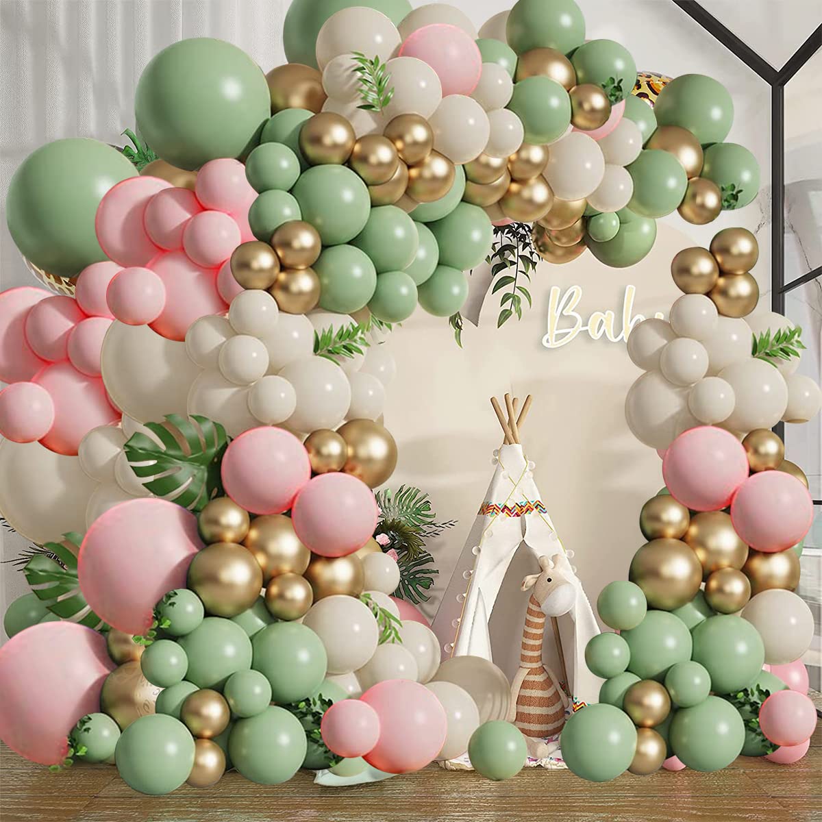 Sage Green Pink Balloons Garland Kit,133pcs Olive Green Blush Pink Sand White Metallic Gold Balloons for Girl Baby Shower Bridal Shower Wedding Birthday Jungle Safari Woodland Party Decorations…