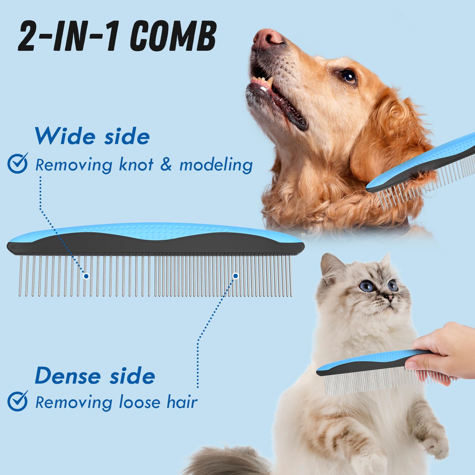 Docrok Pet Grooming Combo - Blue Deshedding Brush with Metal Comb for Detangling and Dematting Long, Matted Fur on Cats and Dogs