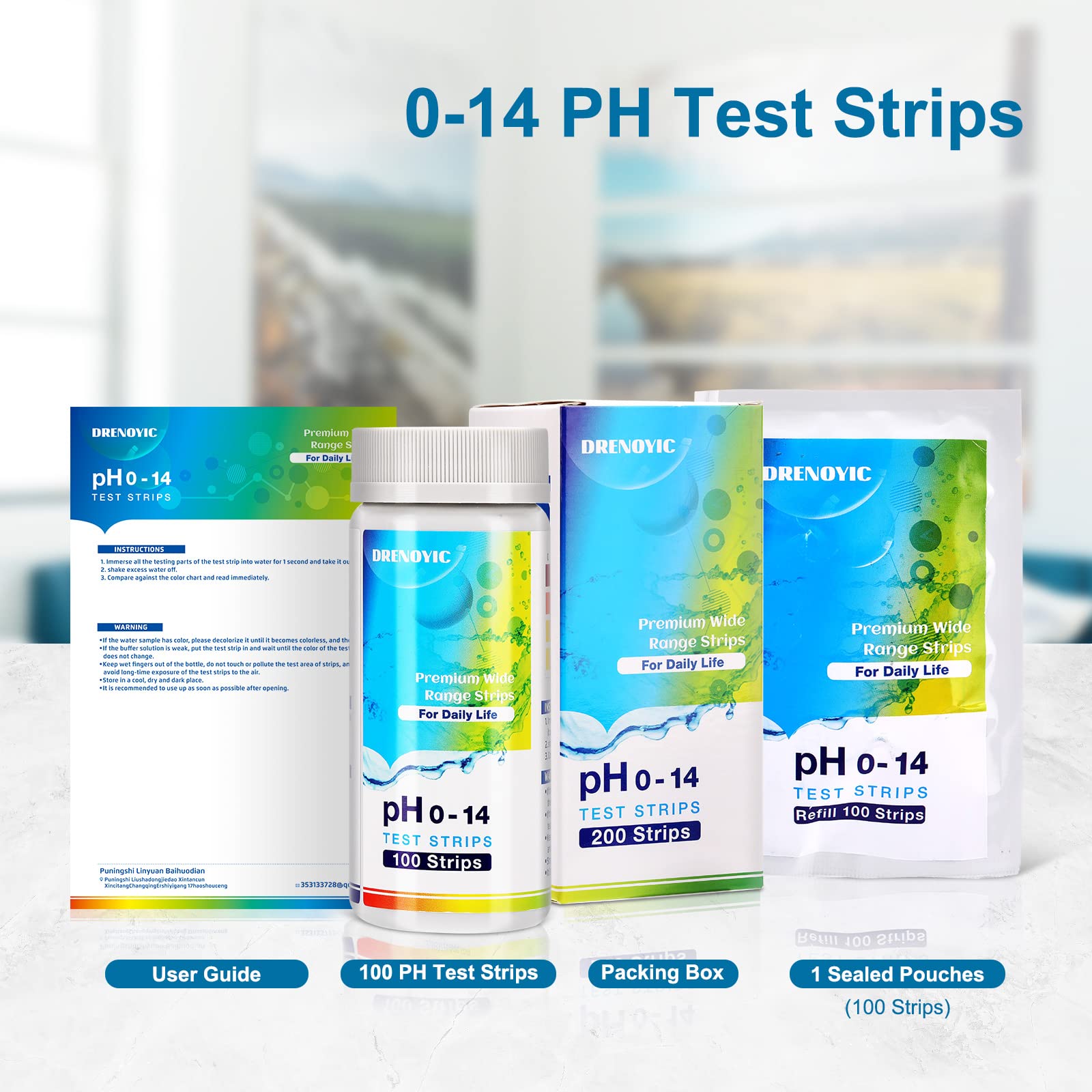 DRENOYIC pH Test Strips - 0 to 14 (200 ct) Universal Acid Alkaline Litmus Paper Testing Strips for Water, Urine and Saliva, Soap, Soil, Diet pH Monitoring, and so on