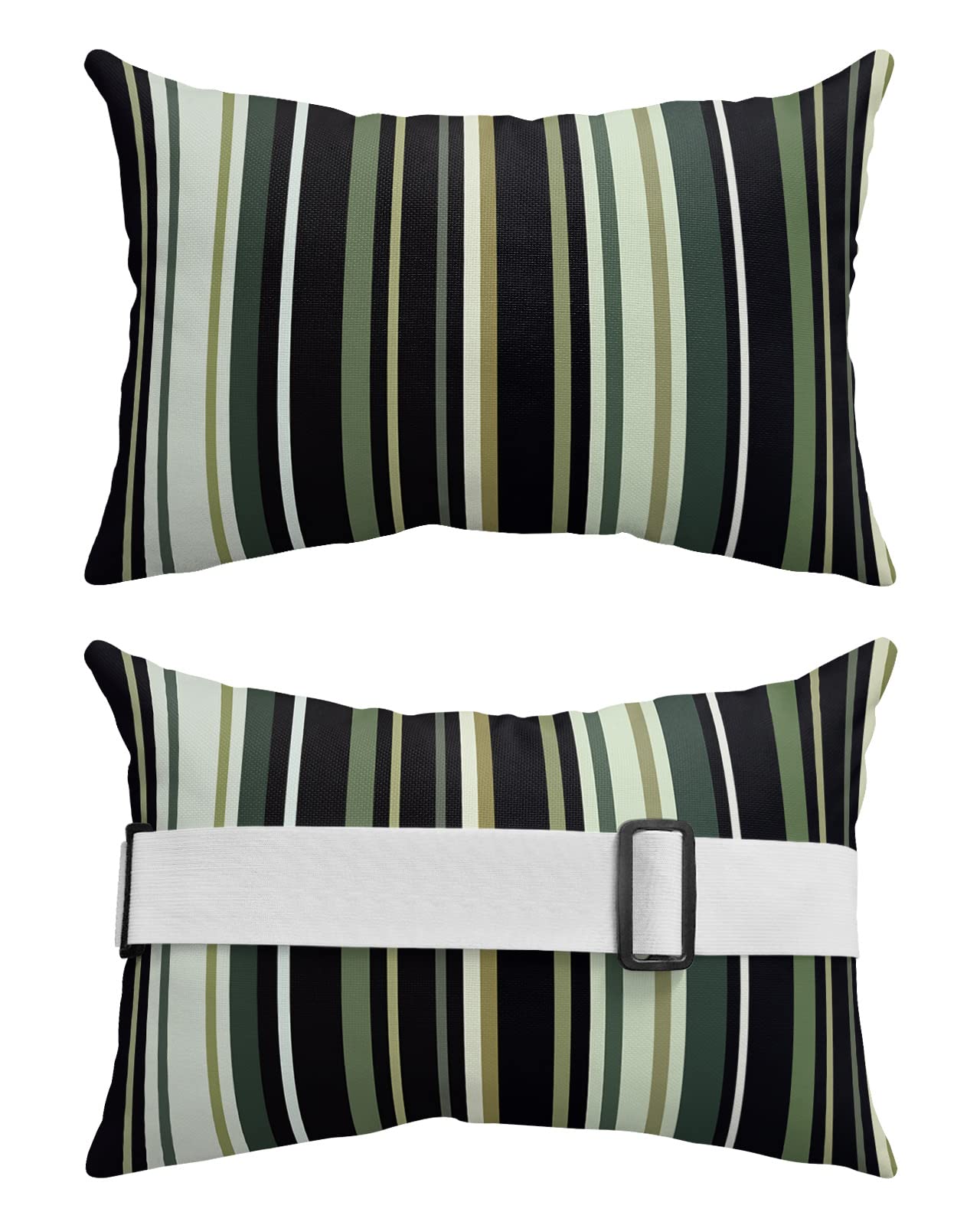 Chaise Lounge Head Resting Pillows, Black Green Stripe Outdoor Chaise Pillows, Waterproof Patio Furniture Pillows with Insert and Adjustable Elastic Stripe for Recliner Beach Chair