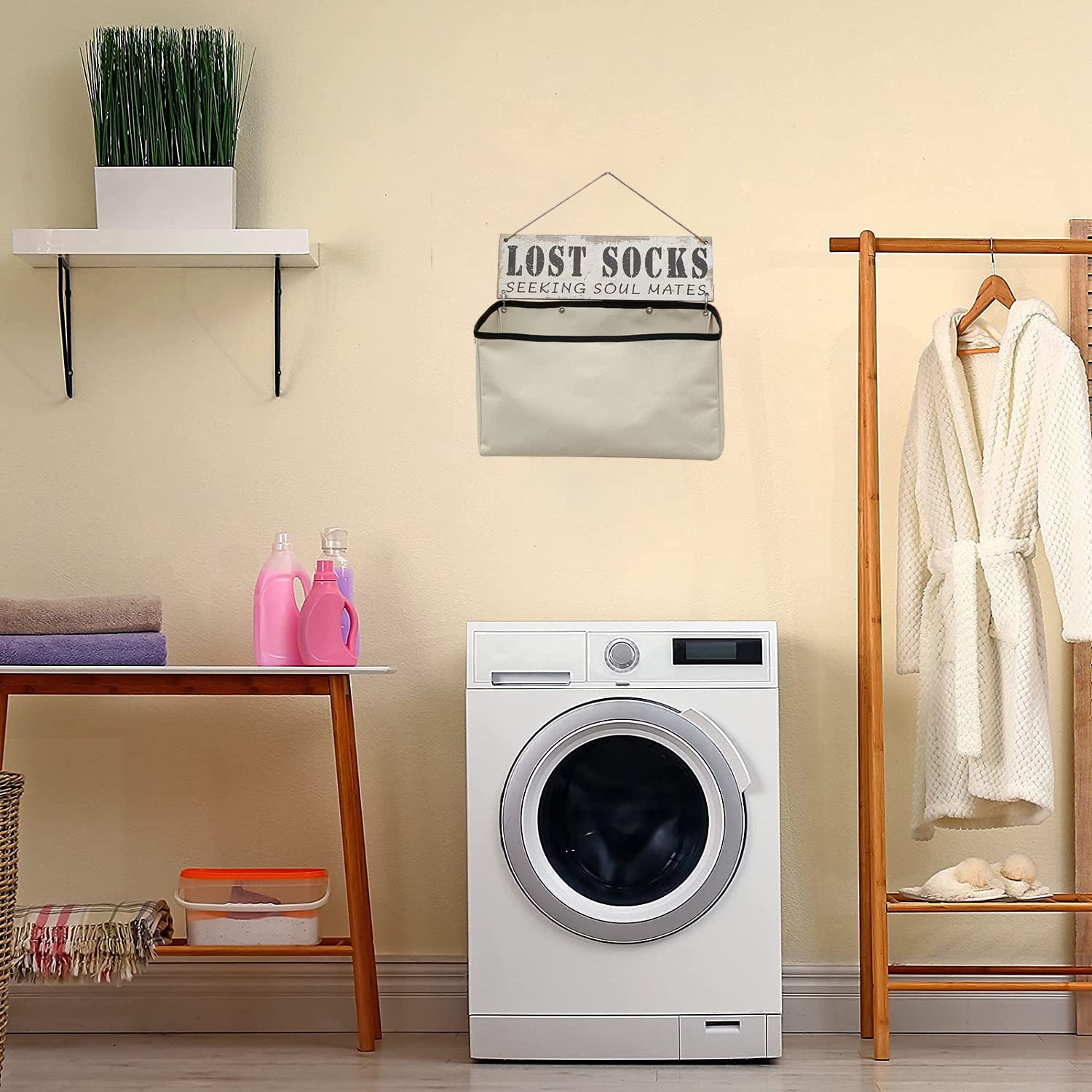 Laundry Room Wall Décor Accessories Canvas Bag Basket Lost socks Funny Wood Sign Organization