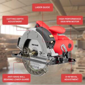 Circular Saw, 1500W Power Circular Saws with Laser Guide, 5500RPM Compact Circular Saw with 3 Saw Blades (24T+ 48T)7-1/4'', 0-45° Bevel Adjustment, Corded Electric Saw for Wood