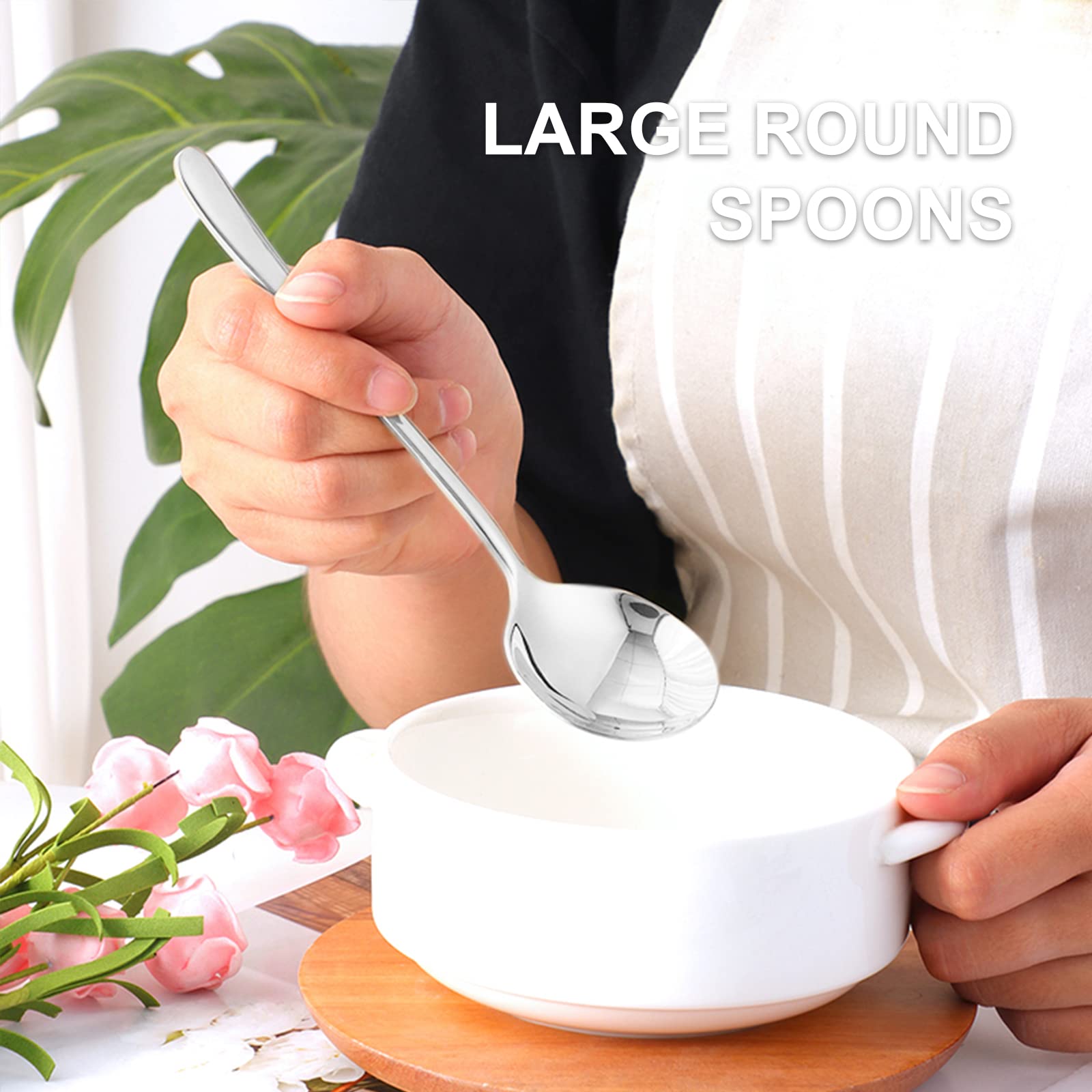 4-Piece Round Stainless Steel Bouillon Spoons Soup Spoons, Stainless Steel Large Round Spoons, Heavy-Weight Round Deep Bowl Spoon Set, Dinner Metal Spoons for Soup Grain Dessert Milk, Dishwasher Safe