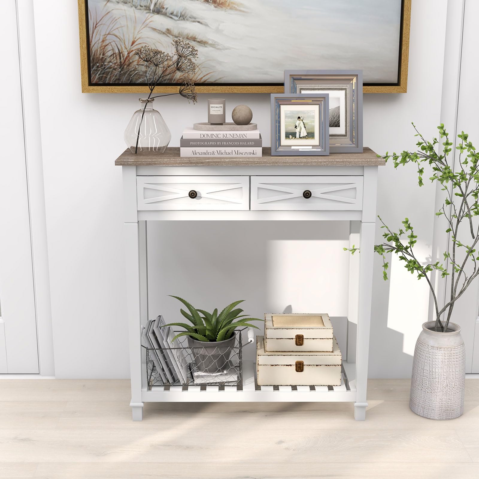 JSUN7 Console Table Sofa Table with Storage, Entrance Tables with 2 Drawers, Narrow Long Console Tables for Entryway Living Room Hallway, White