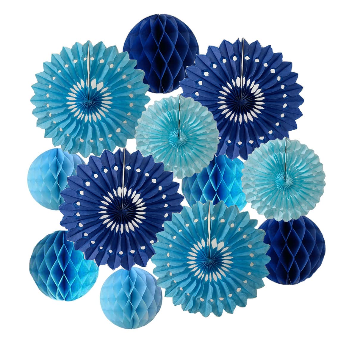 12pcs 6’’ 8’’ Honeycomb Balls Tissue Paper Fans Party Honeycomb Ball Fans Wall Decorations Tissue Pom Poms Flower Balls Hanging Paper Fans for Party Baby Shower Birthday Wedding Nursery(Blue kit)