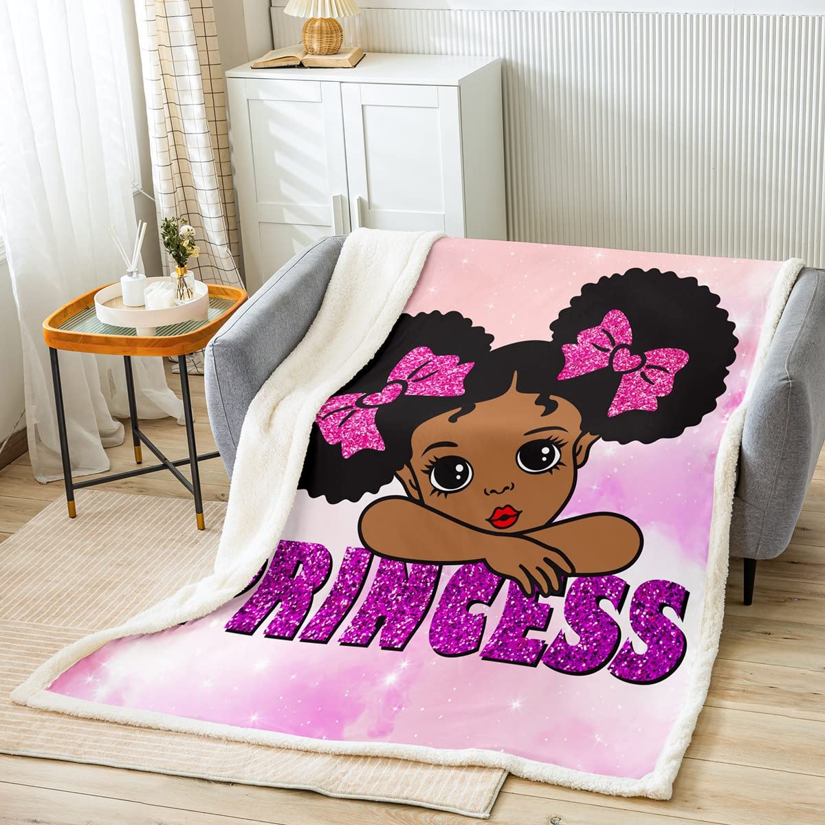 Black Girl Princess Sherpa Blanket Kids Cute Blanket for Girls Bedroom Decor, Psychedelic Stars Throw Blanket for Chair Pink Purple Ombre Fleece Blanket Throw Size, Sequins Glitter Plush Blanket